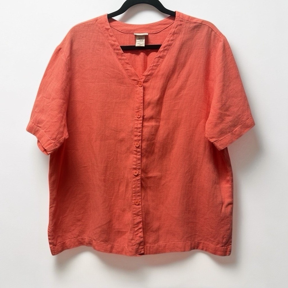 Eileen Fisher Woman 100% Linen Orange Short Sleeve Button Boxy Shirt Size 1X